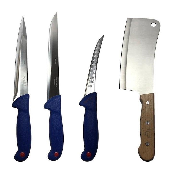 Set profesional de macelarie, transat, injunghiat, dezosat, filetat, satar, 3 cutite otel carbon, Dactylion®