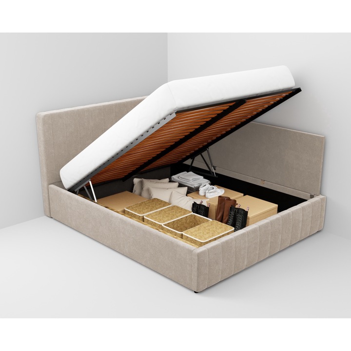 Pat tapitat de colt Maldive, cadru lemn si pal, 90x200 cm, crem, cu somiera rabatabila si lada depozitare