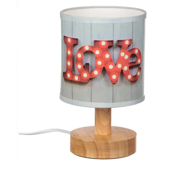 Настолна лампа "Love" с дървена основа и сив абажур