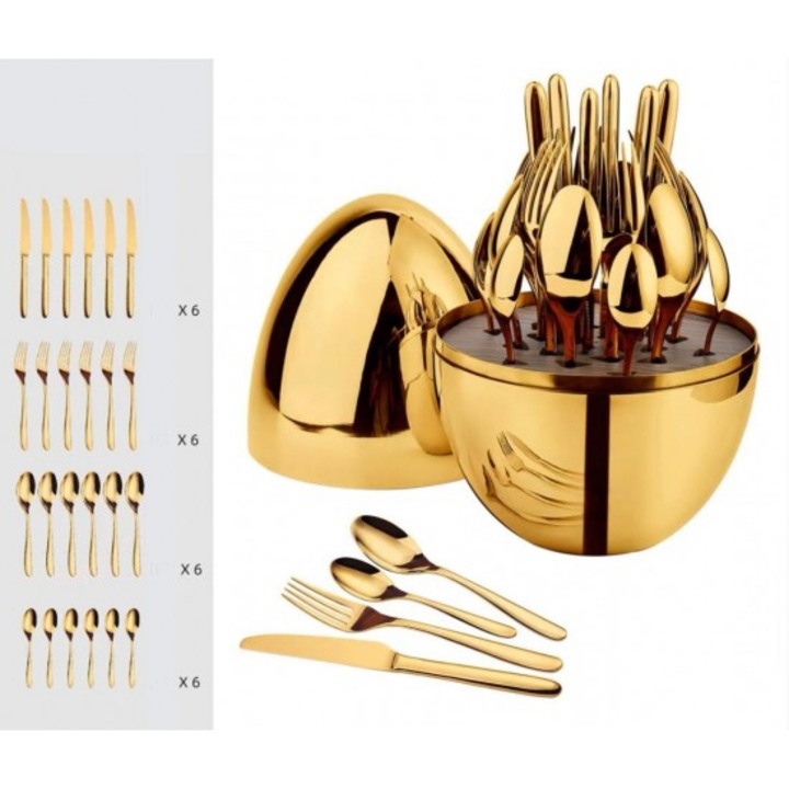 Комплект 24 прибора със стойка, Метал+Pvc, 30x20 см, Злато