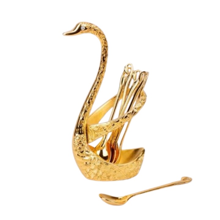 Комплект 6 лъжици с лебедова поставка, Метал, 14, 5х4, 5