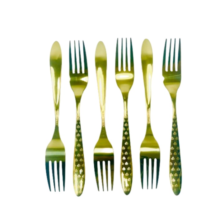Комплект от 6 вилици, Неръждаема стомана, 20 см, Златни