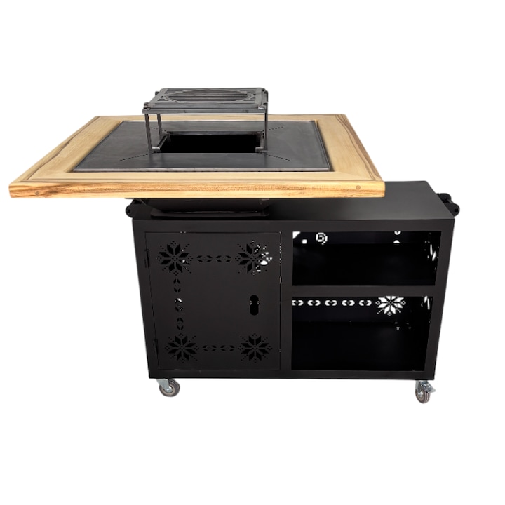 Firepit, gratar gradina, gratar cu plita 75 cm + blat lemn lucru+ spatiu depozitare din otel 10 mm, pe lemne, terasa, gratar camping, buz