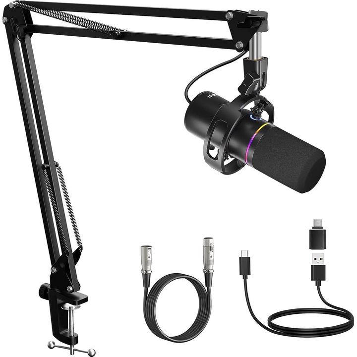 Microfon condensator pentru jocuri, Socodox, Suport pentru socuri, Brat Ajustabil, Cardioid, iluminare RGB, Reducere zgomot fundal, Functie mute rapid, pentru Streaming, Inregistrare, Youtube, Tiktok, compatibil Windows, MacOS, PS4, PS5, Negru