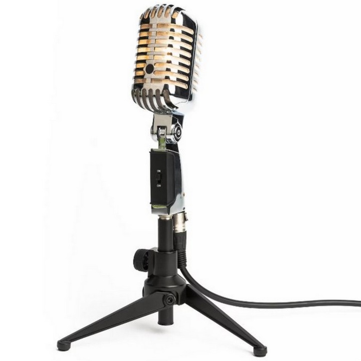 Microfon Elvis Tone SkyTechs® GM55 dinamic, argintiu, suport de masa inclus 55SH microfon metal vintage unidirectional polar pickup vocal dinamic captare cardioida potrivit pentru karaoke live