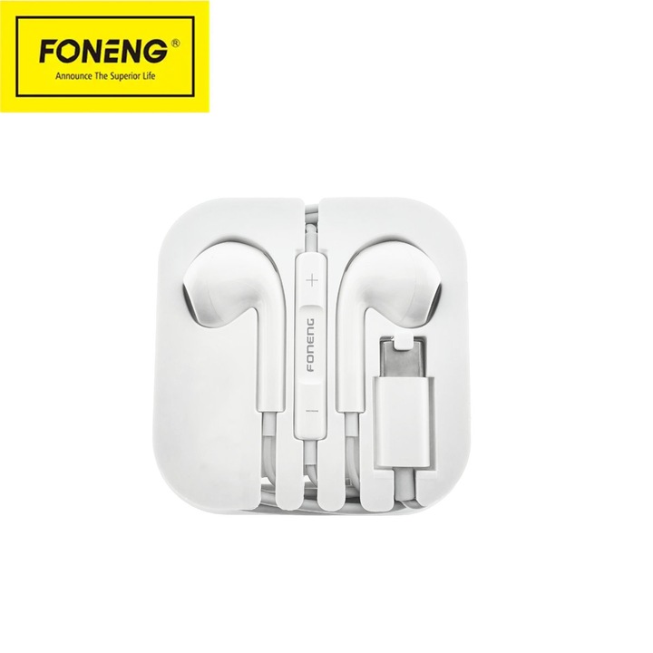Casti Foneng T61 cu conector USB-C, microfon HD, cablu 1.2 m, In-Ear, control muzica/apeluri, cutie transport, in blister, albe Alb