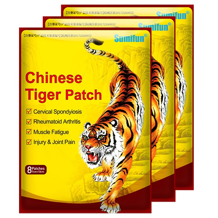 Пластири за облекчаване на болка, 24 броя (3 опаковки), Тигров балсам, за болки в ставите, мускулите, шийните прешлени, термичен ефект, ментол, лесни за поставяне, самофиксиращи се, дишащи, преносими, за спорт, физически дейности, 100x70 мм, многоцветни