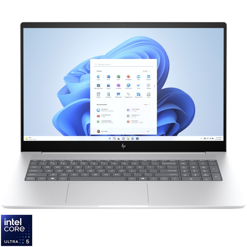 Laptop HP Envy Laptop 17-da0023nn cu procesor Intel Core Ultra 5 125H pana la 4.5GHz, 17.3", Full HD, IPS, Touch, 16GB DDR5 RAM, 512GB SSD, Intel Graphics, Windows 11 Home, Glacier silver