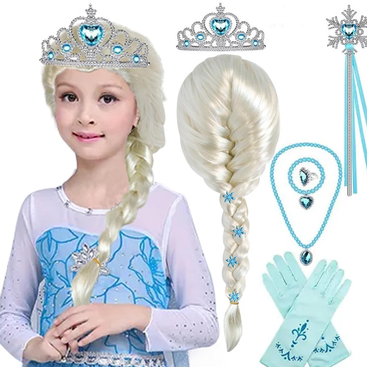 Set Costum 7 Piese, TREXORA, Coroana Printesa, Bagheta Magica, Manusi, Colier, Bratara, Inel, Albastru, Universal