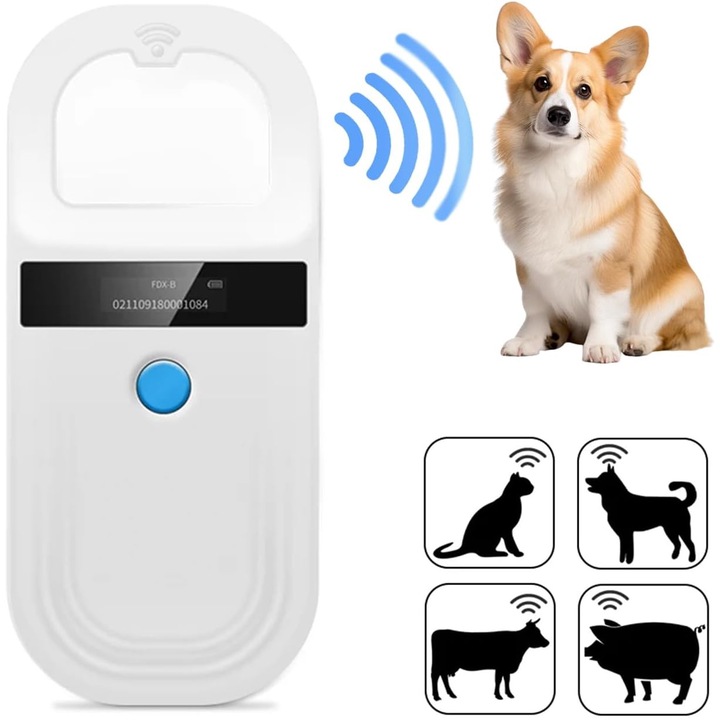 Hordozható állati chip-olvasó, OLED kijelzővel, újratölthető, támogatja az ISO 11784/11785 és ID64 RFID technológiát, adattárolást, kutyáknak, macskáknak és füljelzőknek