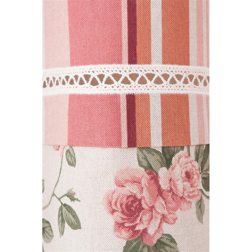 Draperie cu dungi sus si flori mici jos, crem-grena, model cu inele, 140x260 cm