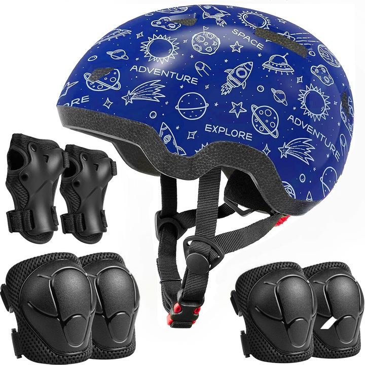 Детски защитен комплект, велосипедна каска, наколенки, налакътници и протектори за китки, за колоездене, кънки, скейтборд, обиколка на главата 50-54 см, 4-8 години, син