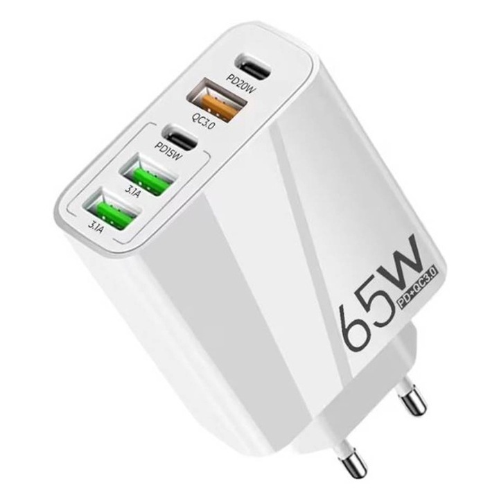 GAN002 hálózati töltő, Gyors töltés, 3xUSB, 2xType-c, 5V-12V, 65W
