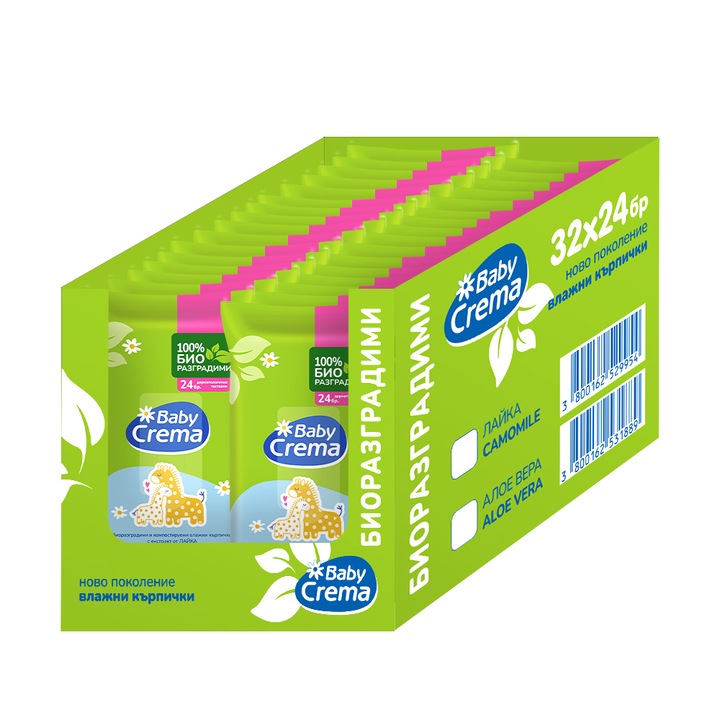 Set servetele umede biodegradabile Baby Crema, Cu extract de musetel si pantenol, 32x24 buc