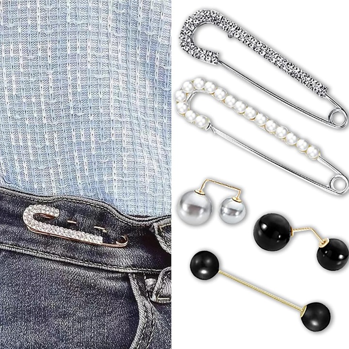 Set de accesorii pentru blugi 5 piese, TREXORA, brose cu perle, ace pentru pulovere si esarfe, argintiu