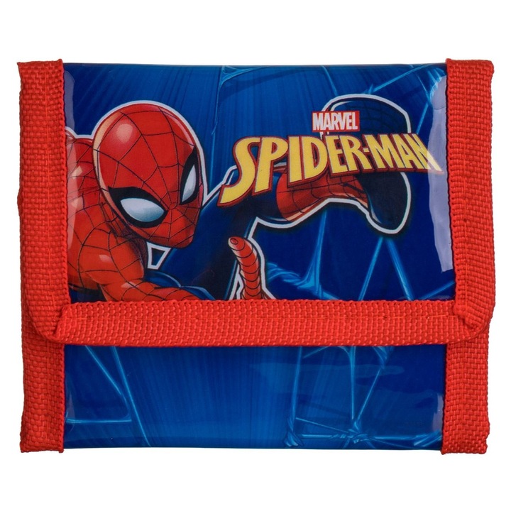 Portofel Albastru-Rosu cu Spiderman, Inchidere cu Scai, Buzunar cu Fermoar si 3 Compartimente pentru Carduri, 12.5x2x10 cm, pentru Baieti