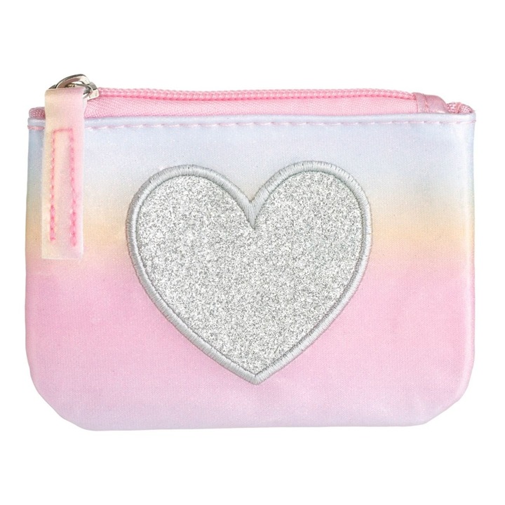 Portofel Curcubeu cu Glitter Auriu si Inima Argintie, Inchidere cu Fermoar Roz, 12x9 cm, pentru Fete