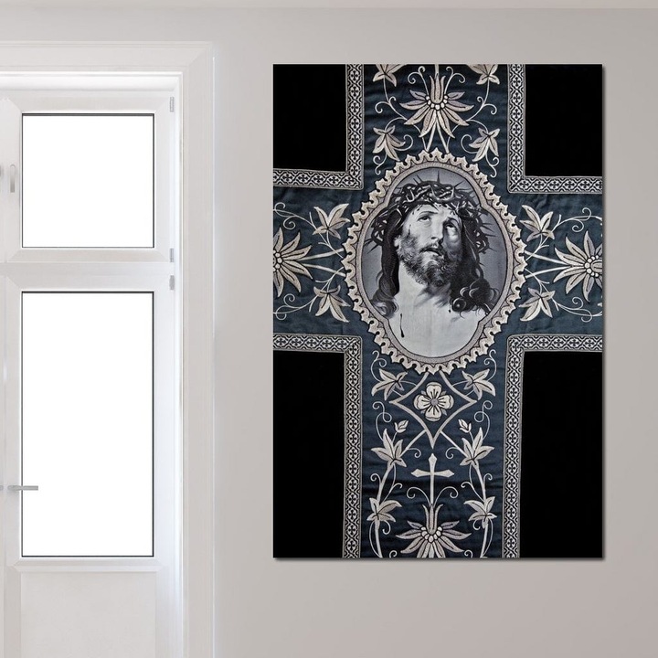 Първокласна картина на платно, LuxCanva® H1004, Лице на Спасителя, 80 X 120 CM, 100% памучно платно 400g/m2, Дървена рамка, Божествено, Отражение, Църква, Християнство, Жертва, Спасение, Символ, Всекидневна, Спалня