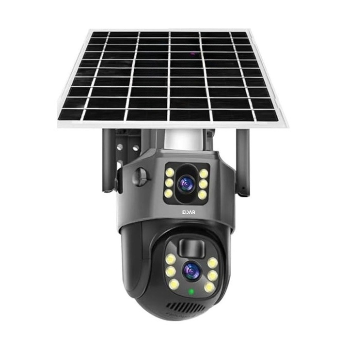 EDAR двойна камера за видеонаблюдение със SIM, соларен панел, CCTV, WIFI, 4G, тип Doom, 3MP + 3MP, 360 градуса HD качество, Smart IR, 3X увеличение, въртене, сензор за движение, сирена, двупосочна комуникация