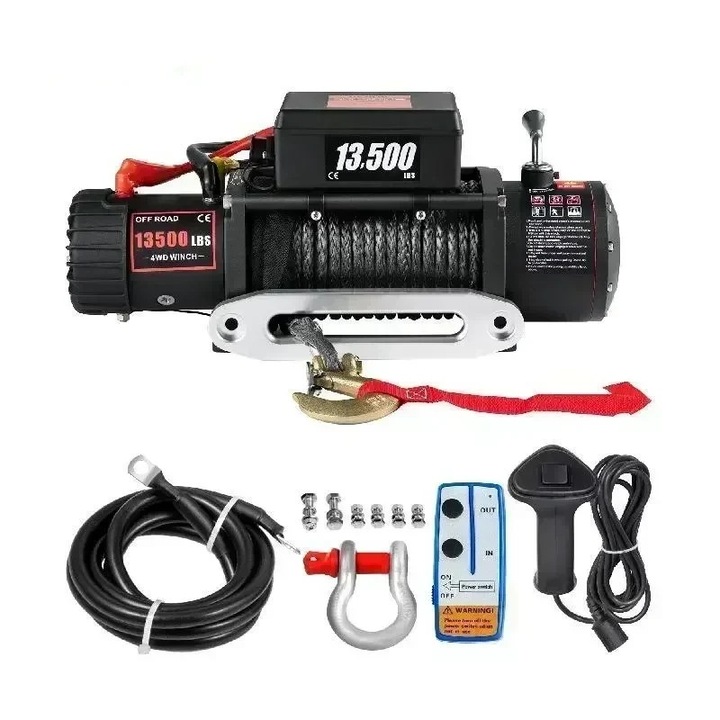 Elektromos csörlő, 12 V, kapacitás 13 500 lbs, szintetikus kötél, vezeték nélküli vezérlés, off-road, fekete