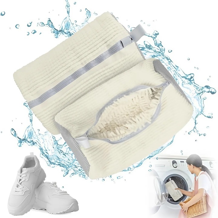 Sac pentru spalat incaltaminte in masina de spalat, General, fibra moale pentru protectie incaltaminte, material rezistent, 39x19 cm, alb