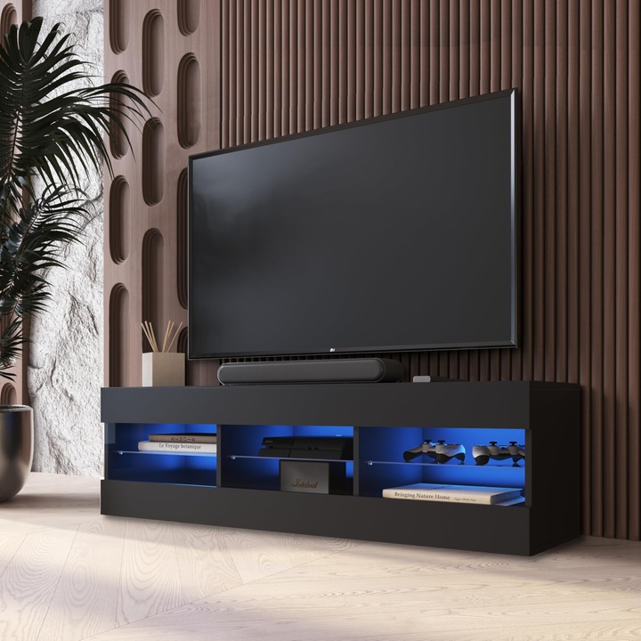 Comoda TV Tivoli, 3 compartimente, 3 rafturi din sticla, Iluminare LED Albastru, PAL melaminat, 140 x 40, 5 x 35, 5 cm, Negru/Negru
