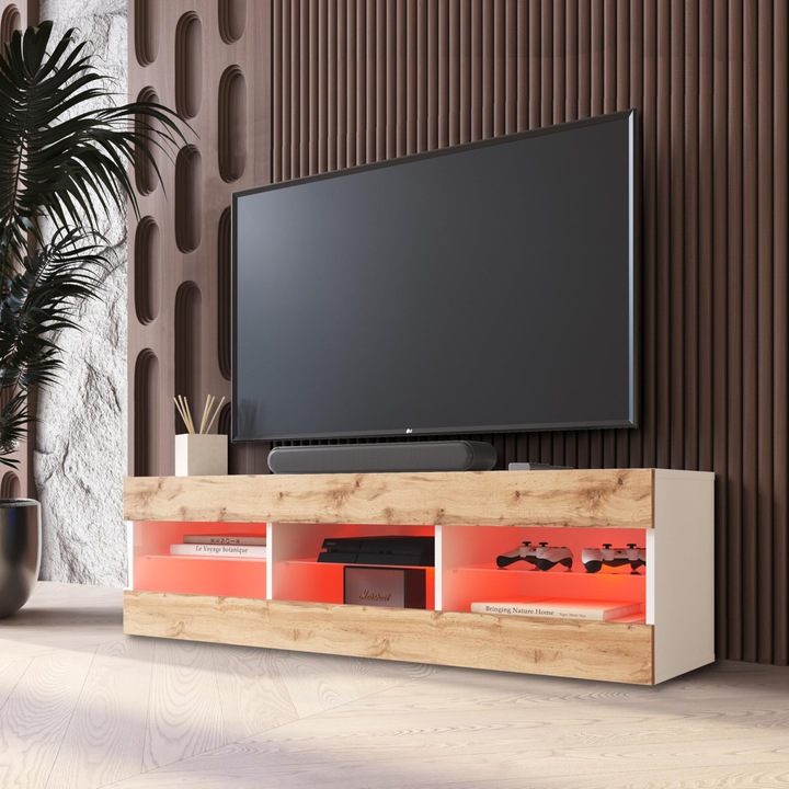 Comoda TV Tivoli, 3 compartimente, 3 rafturi din sticla, Iluminare LED RGB, PAL melaminat, 140 x 40, 5 x 35, 5 cm, Wotan/Alb