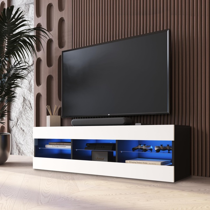 Comoda TV Tivoli, 3 compartimente, 3 rafturi din sticla, Iluminare LED Albastru, PAL melaminat, 140 x 40, 5 x 35, 5 cm, Alb/Negru