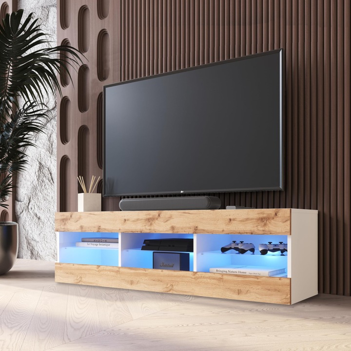 Comoda TV Tivoli, 3 compartimente, 3 rafturi din sticla, Iluminare LED Albastru, PAL melaminat, 140 x 40, 5 x 35, 5 cm, Wotan/Alb