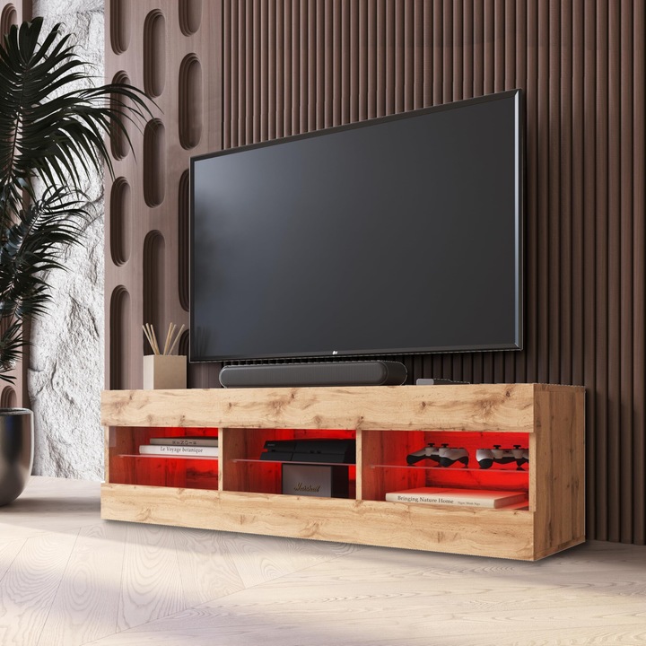 Comoda TV Tivoli, 3 compartimente, 3 rafturi din sticla, Iluminare LED RGB, PAL melaminat, 140 x 40, 5 x 35, 5 cm, Wotan/Wotan