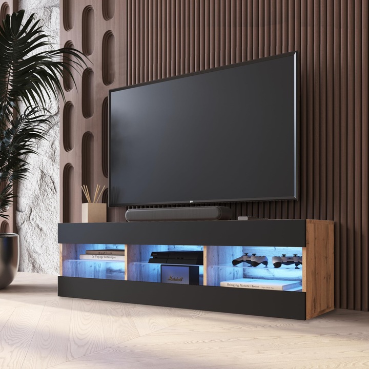 Comoda TV Tivoli, 3 compartimente, 3 rafturi din sticla, Iluminare LED Albastru, PAL melaminat, 140 x 40, 5 x 35, 5 cm, Negru/Wotan