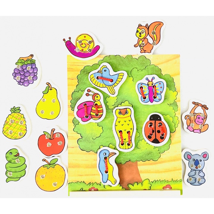 Joc tip Montessori de siretuit pasari si fructe in copac, Almido, 22 cm, Multicolor