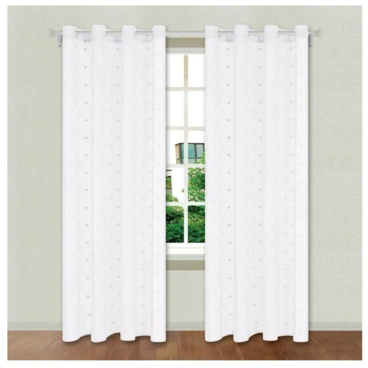 Set doua perdele decorative, cu inele, model ciucuri, poliester, alb, 140x260cm