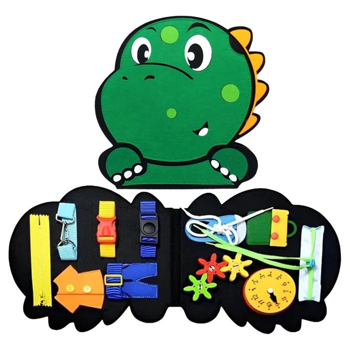 Carte activitati Montessori, distractie cu fermoare, inchizatori, unelte, ceasuri, sireturi, din pasla, sigura pentru copii, simplu de intretinut, 3+ ani, 59 cm x 29, 5 cm - DINOBOOK