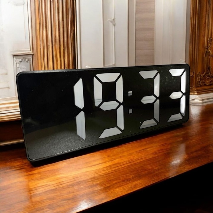 Digitális asztali óra, USB töltés, ébresztő, hőmérséklet, naptár, fehér LED, 16 x 6 x 2,5 cm, VisionXXI