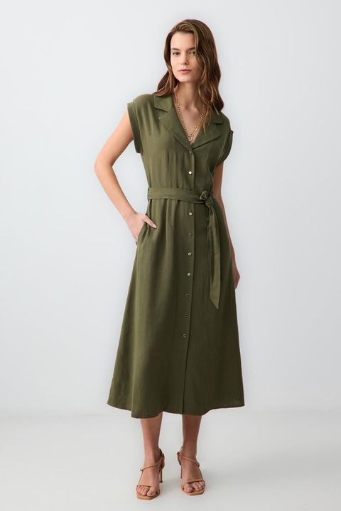 JIMMY KEY, Rochie-camasa din amestec de in, Kaki