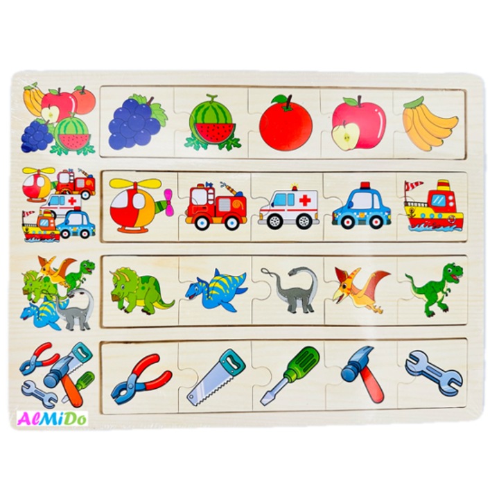 Plansa cu 4 categorii de puzzle de asociere, model fructe/vehicule/dinozauri/unelte, Almido, Lemn, Multicolor