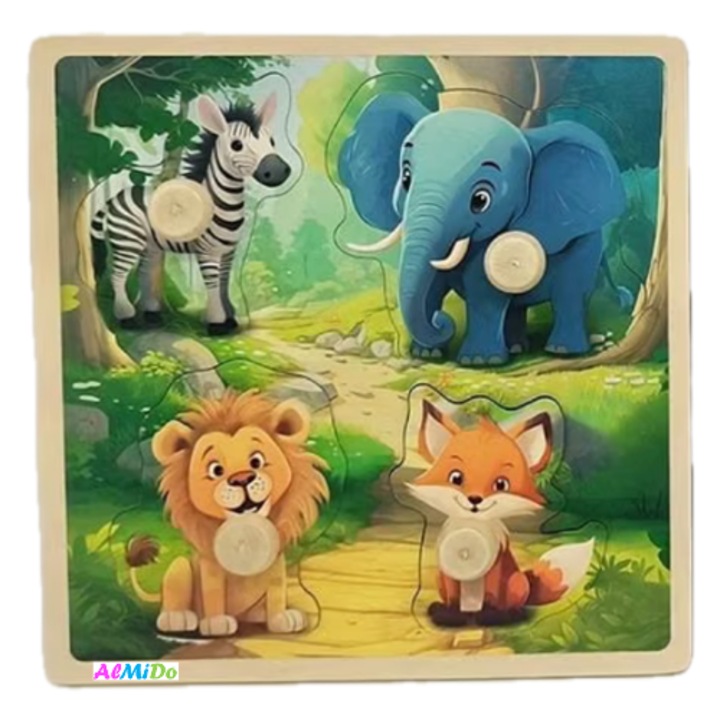Дървен пъзел с дръжки, 4 части, Диви животни, Almido, Многоцветен