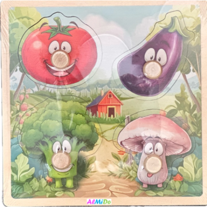Fából készült beillesztős puzzle, 4 darab gombbal, Zöldségek, Almido, Többszínű