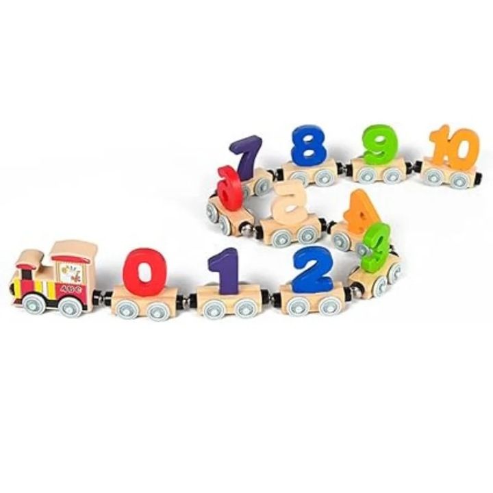 Trenulet din lemn cu cifre, Stuniko, set cu locomotiva si 10 vagoane, multicolor, 8, 7x6, 5x3, 5cm