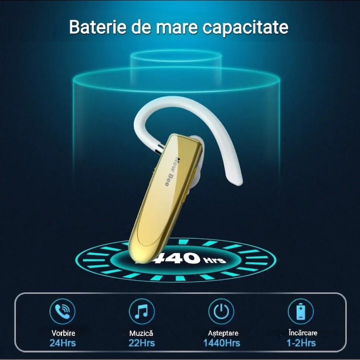 Casca Bluetooth, New Bee B41, Autonomie 24 ore, Handsfree, Wireless, Stereo, Multipoint, Fara fir, Culoare Auriu