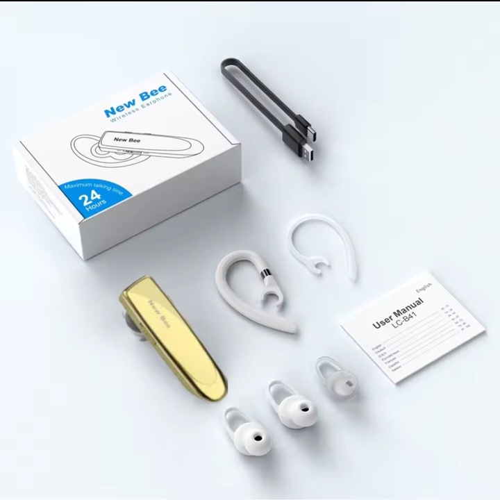 Casca Bluetooth, New Bee B41, Autonomie 24 ore, Handsfree, Wireless, Stereo, Multipoint, Fara fir, Culoare Auriu