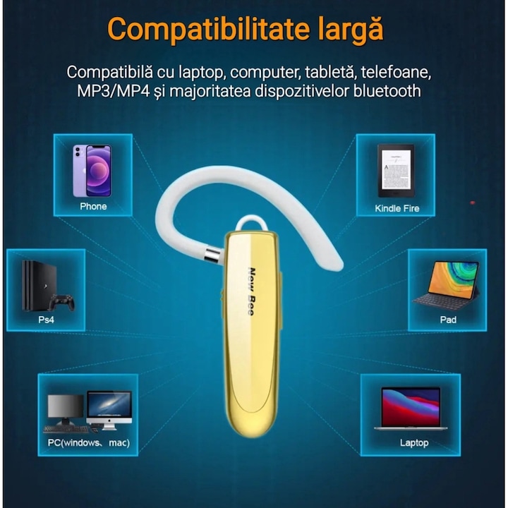 Casca Bluetooth, New Bee B41, Autonomie 24 ore, Handsfree, Wireless, Stereo, Multipoint, Fara fir, Culoare Auriu