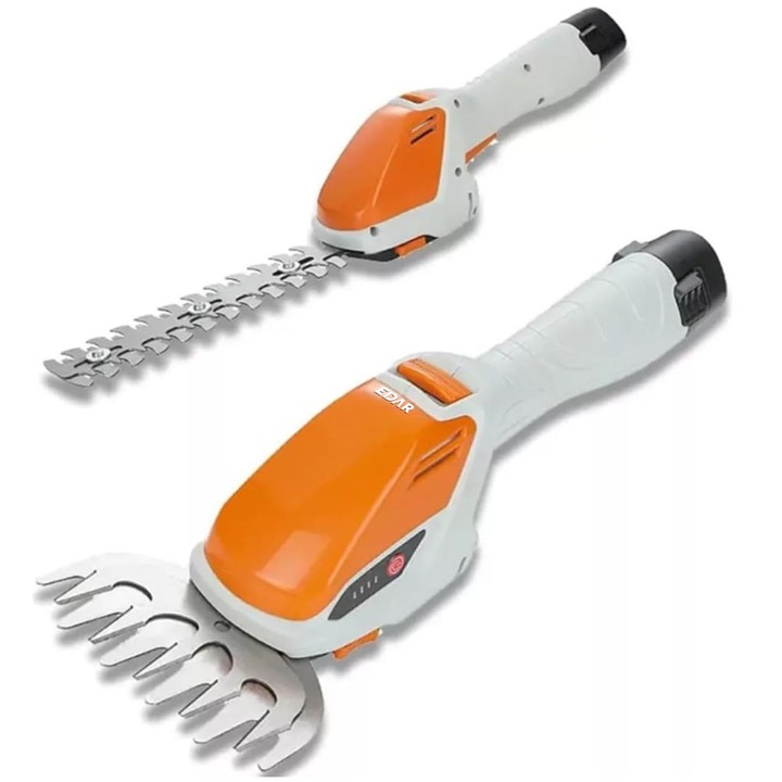 Foarfeca Electrica Pe Acumulator EDAR Pentru Tuns Iarba/Arbusti/Gard Viu, 2 Foarfeci Interschimbabile, Lame Din Otel Inoxidabil, Design Fara Fir, Portocaliu/Gri