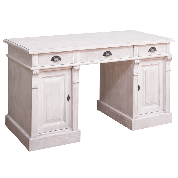 Íróasztal 2 ajtóval és 3 fiókkal, Directoire Collection, törtfehér színű P080, mélycsiszolt, 100% tömör fa, 140x70x78 cm