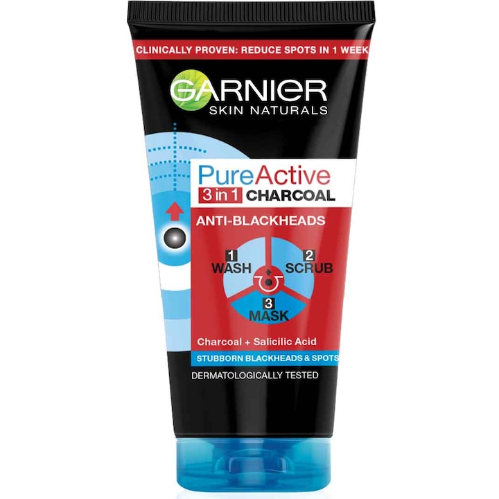 Почистващ гел за лице 3 in 1 Garnier Pure Active Intensive Charcoal за мазна кожа с несъвършенства, 150 мл