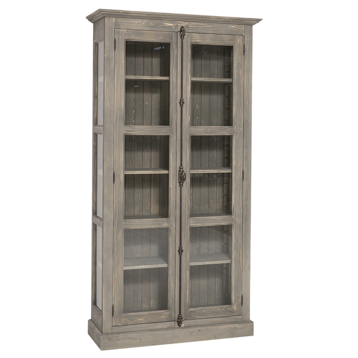 Vitrina sticla, 2 usi cu tija, culoare gri P068, periat adanc, 100% lemn masiv, 110x40x210 cm