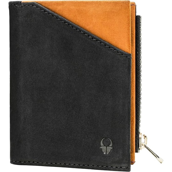 Portofel pentru barbati, DONBOLSO, din piele naturala, 5 spatii pentru carduri, 1 spatiu pentru monede cu fermoar, slim, cu protectie RFID, culoare negru-maro