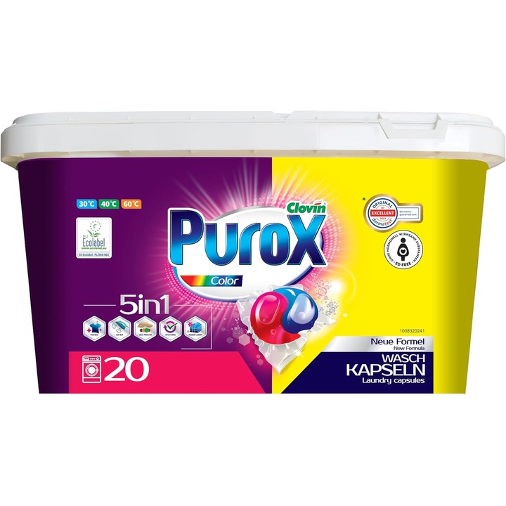 Capsule detergent rufe, Purox Color, 20 bucati, indeparteaza pete, protejeaza culorile, ecologic