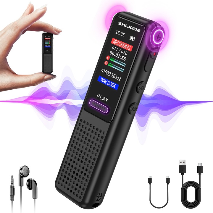 Reportofon Profesional, SHIJOOE®, MP3/WAV, memorie 64 GB, 1536 Kbps, Ecran Color, Activare Vocala, Reducere Zgomot, Transcriere Usoara, Captare Omnidirectionala, Parola pentru Securitate, microfon incorporate, potrivit pentru cursuri, prelegeri si sedinte